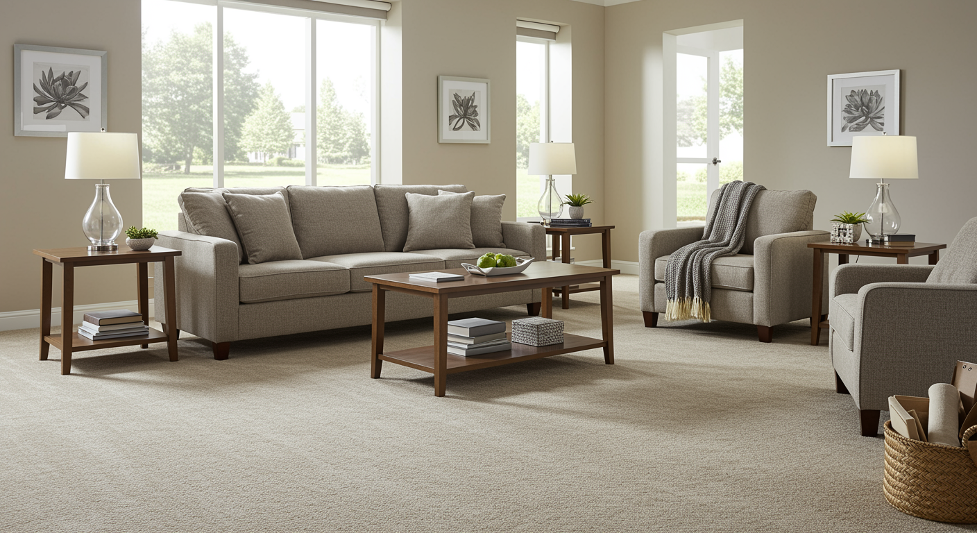 Spotless living room showcasing freshly cleaned carpet in soft beige tones, with sunlight streaming in for a bright, welcoming feel